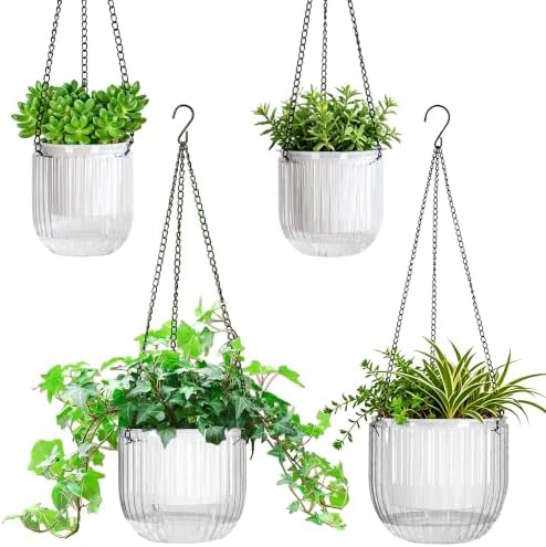 Melphoe Self Watering Hanging Planters Indoor Flower Pots, (8.3’’+6.5’’+5.3''+4.7'' 4Pack) - Outdoor Hanging Plant Pot Basket, Plant Hanger with 3Hooks Drainage Holes for Garden Home (White) by Melphoe