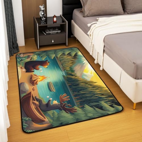 Erosebridal Bear Area Rug 6'6" x 4'11" Camper Living Room Rugs Moose Birds Woodland Bonfire Animals Decorative Carpet Eagle Lake Sunset Deer Boat Indoor Floor Mat - Image 3