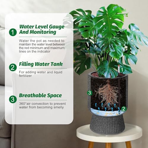 14 Inch Self Watering Planters Set of 2 with Water Level Indicator, Textured Modern Tall Indoor Outdoor Planter Pots, Black Flower Pot with Inner Bucket for Patio, Home, Office - Image 7
