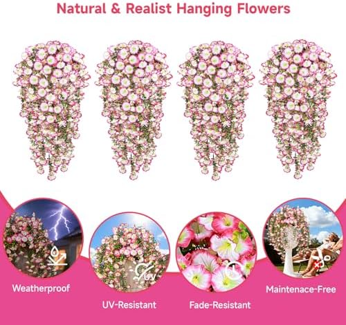 Artificial Hanging Flowers for Outdoors, 4 PCS 600 Blooms UV Resistant Morning Glory Faux Silk Vines, No-Odor Realistic Fake Plants for Garden Planter Porch Patio Decoration, Pink - Image 2