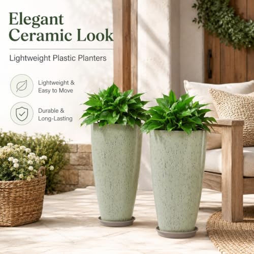 Neoaider Set of 2 Tall Planter, 21 inch Large Plastic Planter, Drip Glaze - Image 2