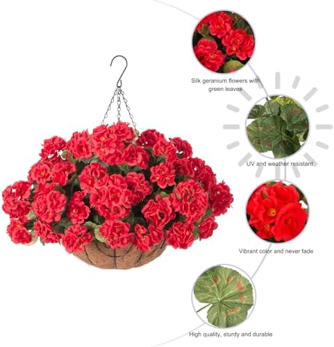 INSPRING Geraniums Artificial Flowers Hanging Basket for Outdoors Outside Decoration, 8 Bundles Silk Flowers Fake Plants Look Real UV Resistant for Porch Home Patio Balcony Yard, Red - Image 7