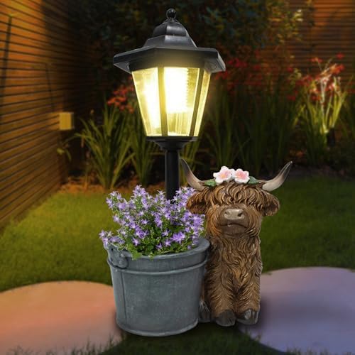 Highland Cow Statues Outdoor Solar Sculptures with Solar Lights and Flowerpot Funny Garden Decor Animal Figurines Resin Outdoor Statues for Patio Yard Lawn Balcony Grandma Mom Gifts by Muzzysse
