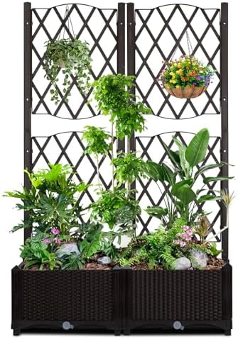Planter Box Trellis,Large Outdoor Plastic Raised Garden Bed with Drain Plug for Climbing Plants,Elevated Planter Box with Legs,Outdoor Standing Flower Beds for Patio Vegetable Herb by Ynredee