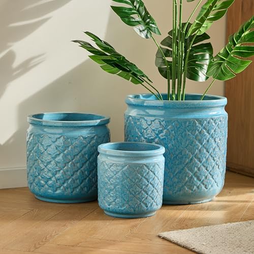 9 Inch Ceramic Planters, Set of 3, Antique Blue Geometric - Image 3
