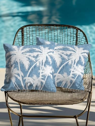 Tropical Palm Tree 18x18 Waterproof Outdoor Throw Pillows Set of 2 with Inserts, Vintage Sky Blue Exotic Botanical Plants Patio Decorative Cushions for Outdoor Sofa Porch Garden Furniture - Image 4