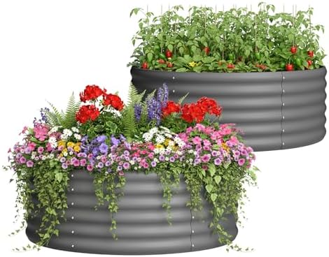 DDK Galvanized Raised Garden Bed, Round Outdoor Planter Bed, 4x4x1.5ft Metal Planter Box for Gardening and Planting,2Pack,DG by DDKDirect