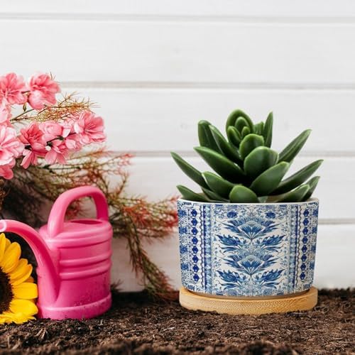 French Cairo Blue and White Ceramic Planters Chinoiserie Floral Planters for Indoor Plants with Drainage Holes and Saucers Pot for Home Office Desk Garden - Image 5