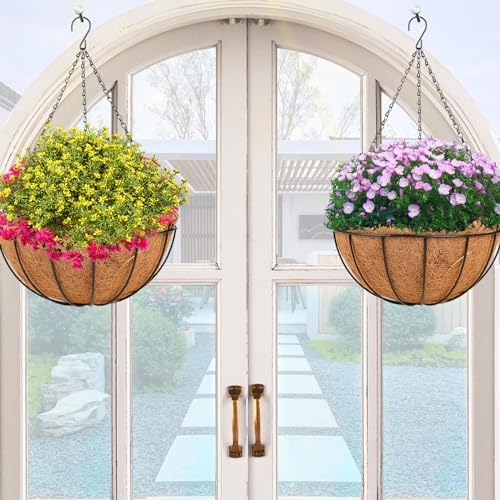 HKZ Hanging Basket Planter Plants Outdoor - 4 Pack 14 Inch Metal Hanging Planter with Coco Liners, Chain Hook Hanging Flower Pots for Indoor Outdoor Garden Porch Decoration - Image 2
