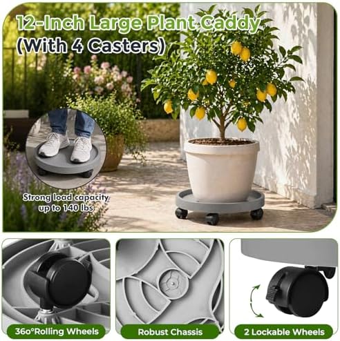 4 Packs Plant Caddy with Wheels 12" Plant Stand Potted Plant Mover Heavy Duty Plant Dolly with Casters for Indoor and Outdoor Large Plant Roller Base Rolling Plant Dolly, Grey - Image 4