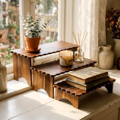 Rtteri 3 Set Scalloped Wooden Cupcake Stand Rustic Home Wood Riser 3 Tier - Image 5