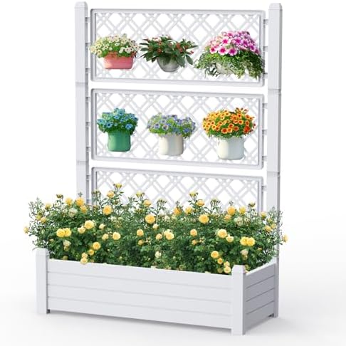 Vixzen 59" Tall Raised Garden Bed,Outdoor Large Resin Planter Box with Trellis and Drain Plug for Climbing Plants,Easy to Assemble,Water Monitor (Ashen, 43.43"×18.27"×59.29") by Vixzen