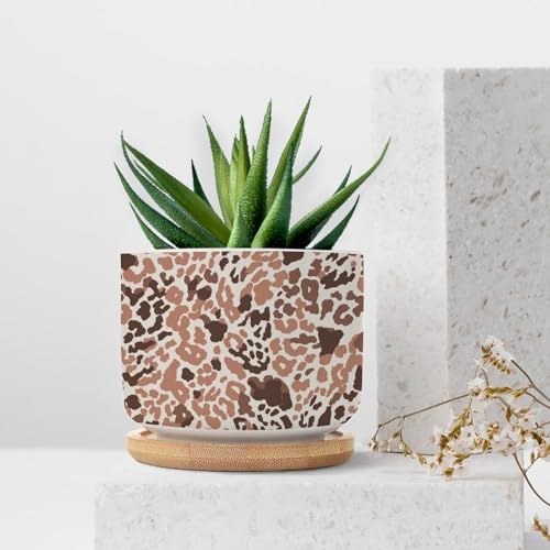 Red Brown Light Gray Leopard Planter Ceramic African Tribal Animal Print Round Plant Pot with Drainage Holes and Bamboo Tray Pot for Home Office Desk Garden - Image 7