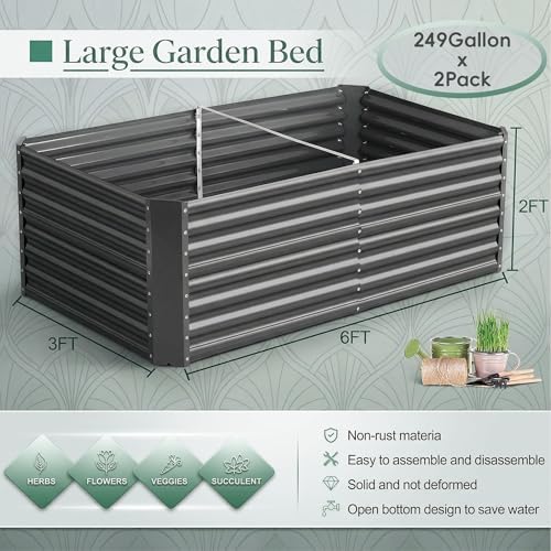 Land Guard 2 Pack 6×3×2 ft Galvanized Metal Raised Garden Bed, 2FT Deep Root Elevated Planter Box Steel Large Vegetable Flower Bed Kit, Gray - Image 2
