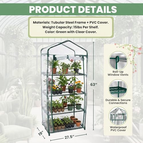 Pure Garden 4 Tier Mini Greenhouse, 27.5x19x63-Inch - Image 6