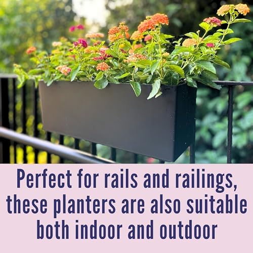 LaLaGreen Deck Railing Planter Boxes (14 Inch, 4 Pack) Self-Watering Window Box Planters with Brackets, Rectangular Hanging Flower Pots for Balcony Fence, Herb Garden Outdoor Black Plastic Planters - Image 6