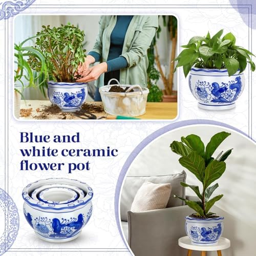 Briwooody Set of 3 Chinoiserie Planters Blue White Ceramic, Elegant Style - Image 4