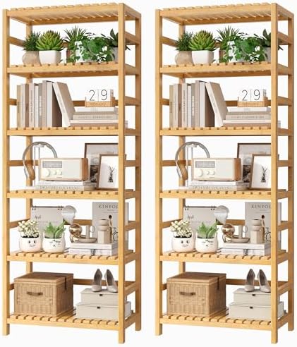 FOTOSOK 6-Tier Bamboo Shelf, 2 Pcs Bamboo Bookshelf with Adjustable Shelves by FOTOSOK