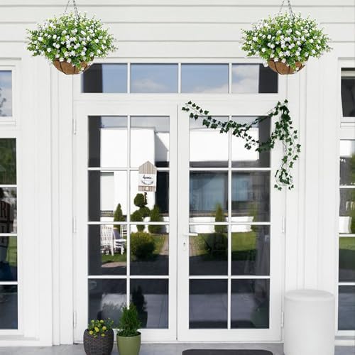 NETAP Artificial Hanging Flowers Basket for Outdoor, 16 Fake Flowers Look Real UV Resistant, Faux Hanging Plants for Porch, Balcony, Patio, Garden, Spring Summer Decor,White - Image 2