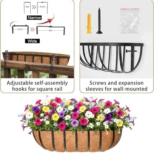 16'' Window Box Railing Planter with Coco Liner,2 Pack Horse Trough Planters Black Metal Hanging Flower Planters Basket for Porch Fence Patio Indoor Outdoor Lawn - Image 6