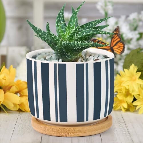 New Grain Sack Blue Stripes Planter Ceramic Round Plant Pots with Drainage Holes and Bamboo Tray Pot for Succulents Cactus Garden Windowsill - Image 6