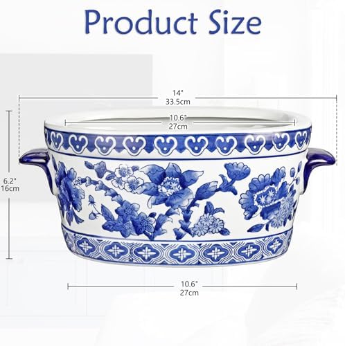 Blue and White Ceramic Planter Pot – Vintage Floral Oval Cachepot Vase for Indoor Plants, Flowers & Succulents – Glazed Chinese Porcelain Style Decorative Bowl –10.6" Size – No Drainage - Image 4
