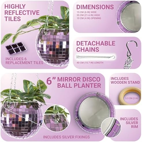 Bubblegum Stuff Disco Ball Hanging Planter: Lilac Edition - Hanging Planters for Indoor Plants - Spherical Shaped Plant Pots with Mirrored Exterior - Available in 6-inch Size - Image 3