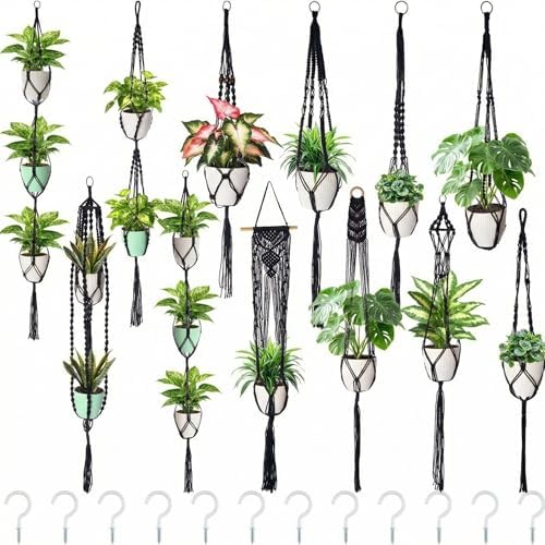 SATINIOR 12 Pcs Macrame Plant Hangers Handmade Boho Hanging Planters 12 Different Tiered Designs with 12 Hooks for Flower Pots Indoor Outdoor Decorative Wall Hanging Baskets for Home (Gothic,Black) by SATINIOR