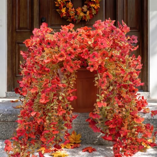 Artificial Fake Hanging Flowers for Fall Outdoors Decor 2 Pack UV Resistant Faux Hanging Plants, Waterproof Realistic Artificial Flowers for Autumn Porch, Balcony, Fence & Planters (Red-orange) - Image 7
