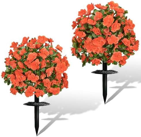 Artificial Mums for Outdoors, Faux Bushes Topiaries Outdoor Set of 2 Orange by Unknown