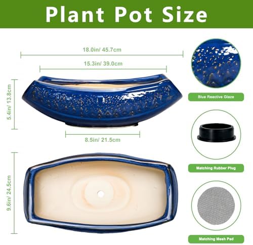Bonsai Pots - 18 Inch Large Ceramic Succulent Pots for Indoor Outdoor, Bonsai Planter with Drainage Hole, Ceramic Flower Pot, Decorative Plant Pot, Gifts for Plant Lovers, Office Decor, Blue - Image 2