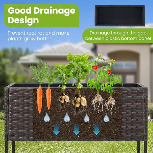 LDAILY Elevated Raised Garden Bed with Legs, Outdoor Planter Box with Storage Shelf & Drainage Gap for Vegetables, Flowers & Fruits, Heavy Duty Rattan Garden Planter for Yard, Patio & Balcony, Brown - Image 3