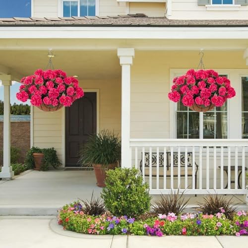 INSPRING Geraniums Artificial Flowers Hanging Basket for Outdoors Outside Decoration, 8 Bundles Silk Flowers Fake Plants Look Real UV Resistant for Porch Home Patio Balcony Yard, Hotpink - Image 3