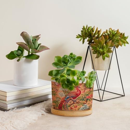 Blush Chinoiserie Bird Planter Ceramic Hydrangea Peacock in Coral Round Plant Pots with Drainage Holes and Bamboo Tray Pot for Home Desktop Office Windowsill - Image 4