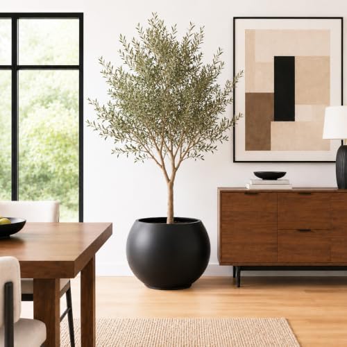 17" H x 21" Dia Modern Large Round Black Fiberstone Planter Pot with Drainage Hole, Lightweight UV-Resistant Planter for Olive Trees, Fiddle Leaf Fig & Tall Plants, Indoor Outdoor Entryway, Patio - Image 2
