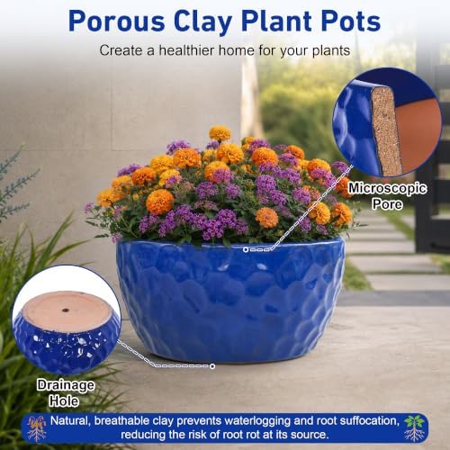 15" Ceramic Plant Pots Set of 3, Glazed Ceramic Flower Pots, Antique Blue - Image 4