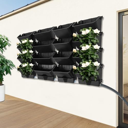 Wall-Mounted Vertical Garden Planter Set – 24 Self-Watering Planters with Drainage Pipe, Stackable Wall Planters for Indoor & Outdoor Use (Black, 16PCS) - Image 2
