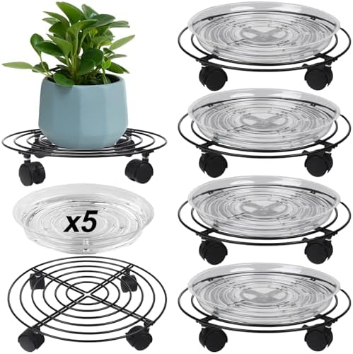 5-Pack Metal Plant Caddy 11.8" Dolly with Wheels - Heavy-duty Wrought Iron Rolling Plant Stand with Casters for Indoor and Outdoor Use - Black, Plastic Saucers Included by Planterhoma