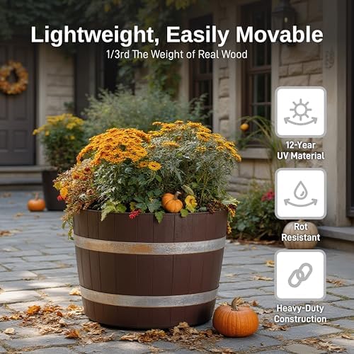 RTS Home Accents Better Barrel 18-Inch Outdoor Planter, Walnut – Rustic Whiskey Barrel Style Heavy-Duty Resin Pot with Rusting Steel Bands for Patio, Porch & Garden - Image 4