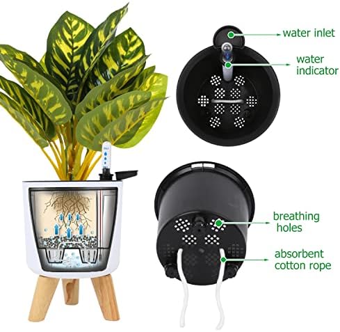 6.5" Self Watering Planters (2 Pack) for Indoor Plants with Water Indicator, White Modern Flower Pot with Wood Stand for Office Home Decor Garden - Image 2