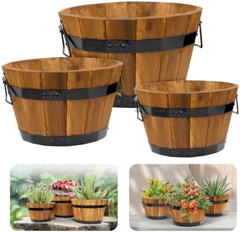 Idzo Set of 3 Wooden Flower Boxes Outdoor, Durable Acacia Wood Barrel Planters for Outdoor Plants with Ergonomic Handles, Drainage Holes, Multiple Sizes Wood Bucket Planter Light Brown by Idzo