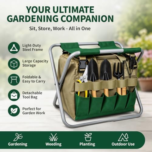 Folding Gardening Stool with Heavy-Duty Oxford Cloth and Garden Tool Kit - Image 4