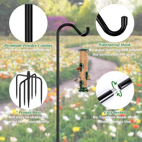 FEED GARDEN Adjustable Shepherd Hook Bird Feeder Pole with 7 Prongs Base, 108 Inch Tall 5/8 Inch Thick, Heavy Duty Outdoor Garden Poles for Hanging Bird Feeders, Plant Baskets, Black (1 Pack) - Image 3