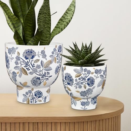 2Pcs Blue and White Ceramic Planter Pot with Drainage for Plants Flowers - Image 5