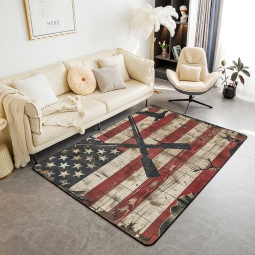 Erosebridal Bear Elk Shotgun Area Rug 6'6" x 4'11" Mallard Duck Hunting Living Room Rugs Retro Wooden Board Decorative Carpet Deer American Flag Indoor Floor Mat by Erosebridal