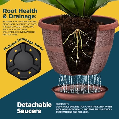 10-Inch Whiskey Barrel Planters Outdoor Pack of 10 - Durable Plastic Plant Pots for Indoor & Outdoor Use with Drainage & Saucer, Lightweight Rustic Barrel Planters for Flowers, Herbs & Small Plants - Image 4