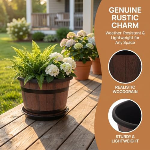 CLISPEED Plastic Whiskey Barrel Planter 11.8x8.3 Inch Round Pot with Saucer - Image 3