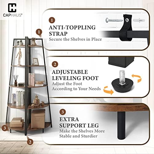 CAPHAUS Tall Corner Shelf Stand, 4-Tier Display Shelves, Ladder Corner Wood Storage Plant Bookshelf with Metal Frame, Versatile Shelving Unit Bookcase for Home Office Space, Rustic Oak - Image 5