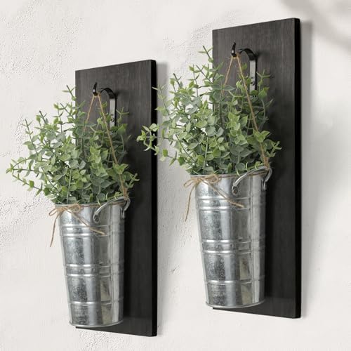 SHOHAYTO Farmhouse Wall Decor Set of 2 - Wood Hanging Planters with Artificial Eucalyptus, Rustic Vertical Pocket Vases for Bathroom Kitchen, Indoor Greenery Decor by SHOHAYTO