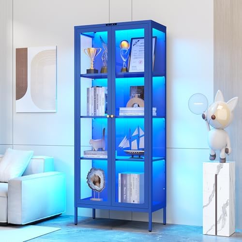 Polup 66" Blue Glass Display Cabinet with 8-Color LED for Collectibles - Image 3